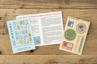 TRAVELER'S COMPANY passport-size planner and travel inserts laid out on wood