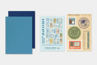 2027 passport weekly planner set: blue folder, cover sheet, and sticker sheet