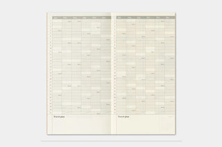 Weekly memo planner pages with travel plan calendar grid, open view