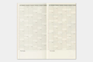 Open travel schedule planner pages with timeline-style grids