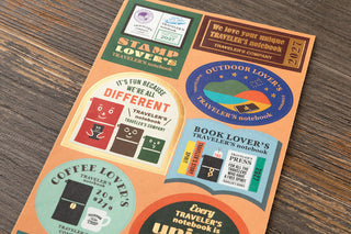 Colorful sticker sheet with coffee, outdoor, and book lover themed designs