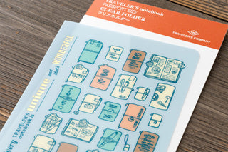 Close-up of passport clear folder illustration with blue icons and orange header