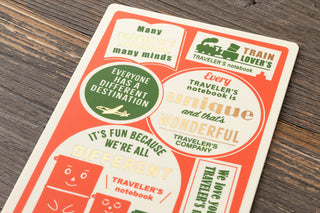 Orange passport writing mat close-up with green and white icon illustrations