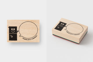 wooden stamps with black notebook illustrations and text on a white background