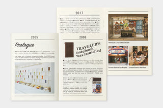 Pages from a book showing images and text about TRAVELER'S notebook launch in 2005, 2006, and 2017.