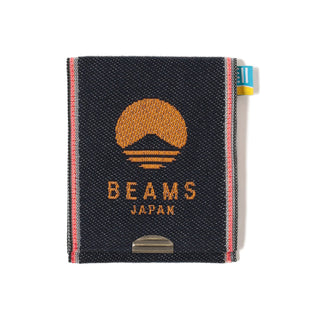 Orange and navy denim coin purse with the Beams Japan logo