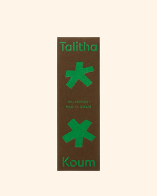 Talitha Koum Multi Balm outer box sleeve, black with green logo graphics