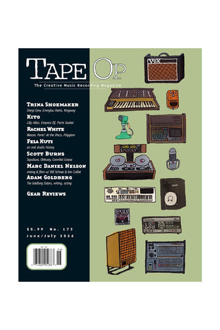 Cover of 'Tape Op' magazine featuring music recording equipment illustrations on a green background.