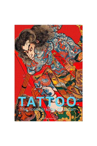 Tattoo iconography book cover with ornate blue-red portrait and bold title lettering