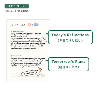 daily planner page shown on a white background with two green callout boxes explaining its features: 'Today's Reflections' and 'Tomorrow's Plans'.
