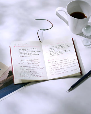 An open notebook with handwritten notes on two pages, styled on a white surface with a white coffee mug and a pen