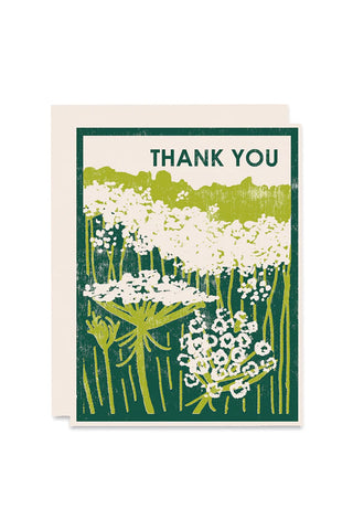 Thank you greeting card with green botanical garden illustration and white text