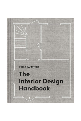 Book cover of 'The Interior Design Handbook' by Frida Ramstedt with a floor plan illustration on a textured gray background.
