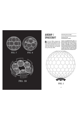 Printed diagram page with airship/spacecraft sketches and circular figure drawings