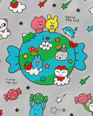 Cartoon sticker close-up: heart planet with animals, stars, and a rocket