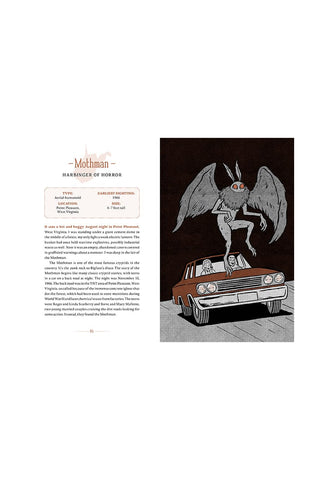 Illustration of a Mothman on top of a car with text on a white background