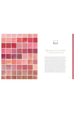 Color swatch chart with shades of red on a white background