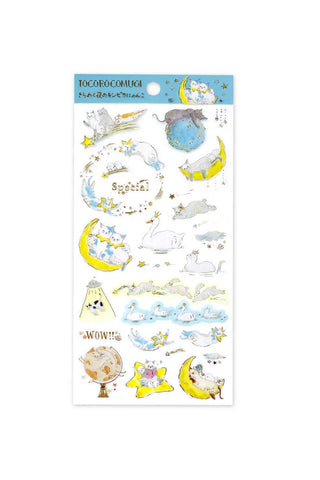 Sheet of decorative stickers with cartoon animals and starry night designs on a white background