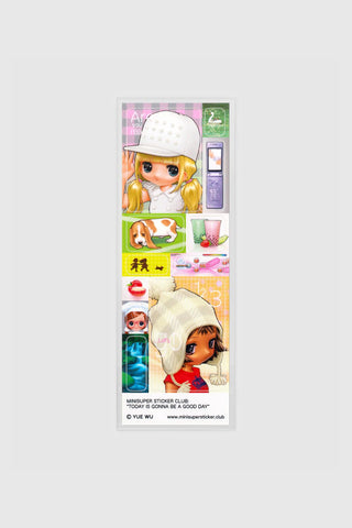 Sheet of cartoon character stickers in a blister pack, featuring girl and animal designs
