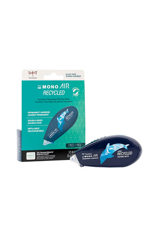 Blue Mono Air recycled tape dispenser with packaging on a white background
