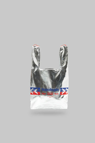 Mini metallic silver tote bag with two handles, printed band on front