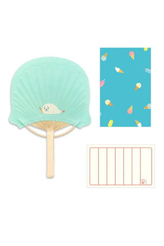 Mint green hand fan with a small design on a white background
