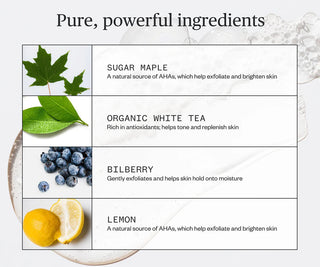 Ursa Major face wash ingredient highlights panel with fruit and leaf icons