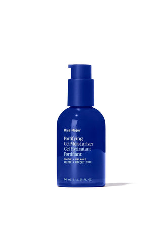 Blue bottle of Ursa Major Fortifying Gel Moisturizer on a white background