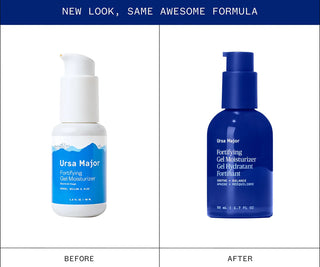 Before and after comparison of Ursa Major Fortifying Gel Moisturizer bottles.