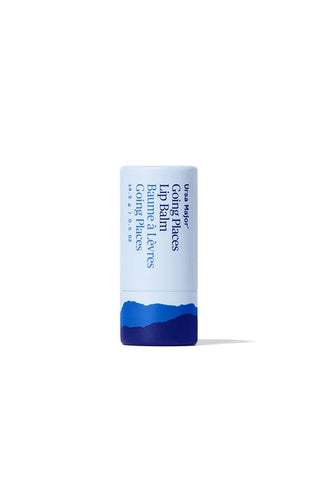Lip balm stick with blue and white packaging on a white background