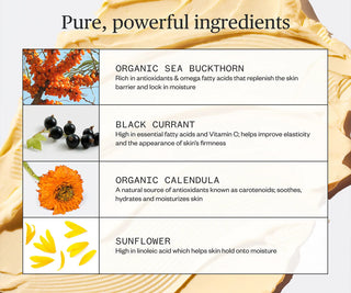 List of pure, powerful ingredients with corresponding images and descriptions on a skincare product background.