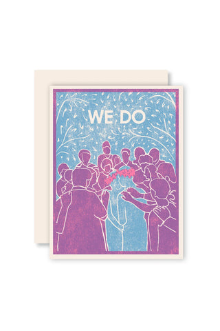 Greeting card with 'WE DO' text and wedding scene illustration on a white background