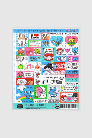MONANBEAR Weary Adults sticker sheet with cartoon characters, love and hearts, mixed colors