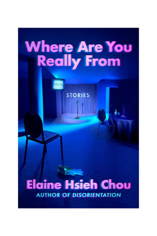 Book cover with blue neon title text and author name Elaine Hsieh Chou