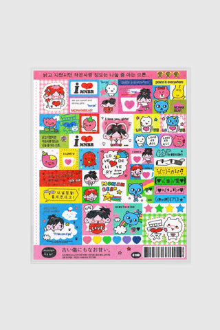 Pink-themed MONANBEAR character sticker sheet with many cute icons and hearts
