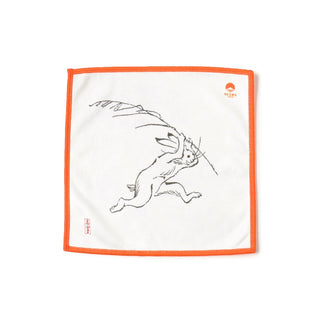 White square cleaning cloth with a black rabbit illustration and orange border on a white background