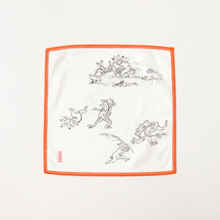 White square cleaning cloth with black frog illustrations and orange border on a white background