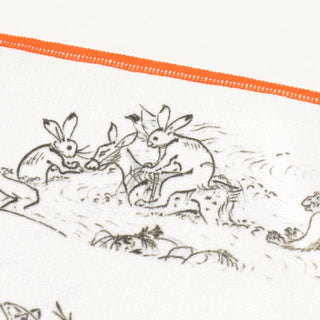Close up of cleaning cloth with illustration of rabbits in a field with a red border