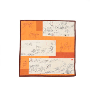 Decorative handkerchief with orange and beige patterns with animal illustrations on a white background