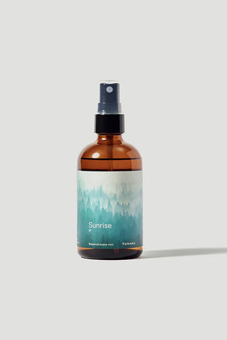 Amber botanical aroma mist bottle with black spray cap, Sunrise label