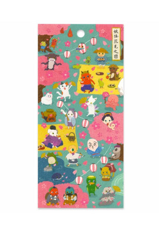 Sticker sheet with illustrated spirit characters on a colorful background