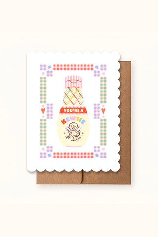 Die-cut greeting card with scalloped edges, ice cream character and 'Kewtie' text