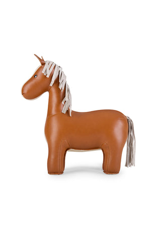 Brown horse-shaped bookend with a white mane on a white background