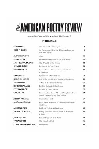 Table of contents page for literary magazine with 'American Poetry Review' header and list.