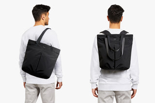 Person wearing a black bellroy tote pack from different angles on a white background
