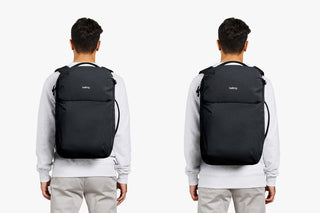 Person wearing a black backpack on a white background