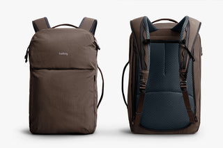 Brown backpack showing front and back on a white background