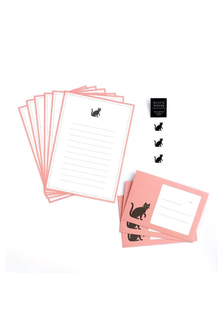 Cat-themed letter set with multiple pink-backed letter sheets and black cat icons