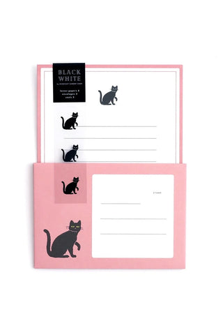 Cat letter set with pink frame, black cat silhouettes, lined sheets, and matching notes