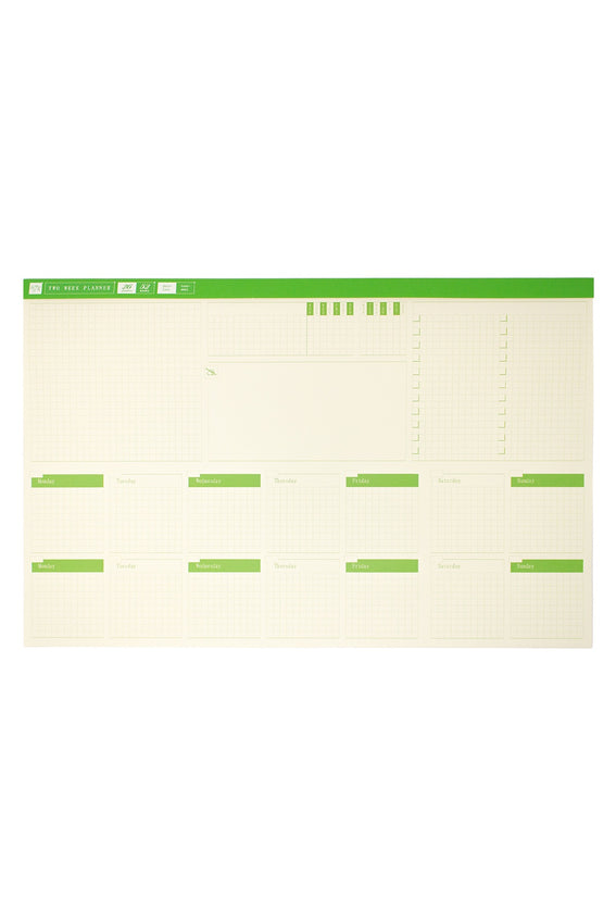 Two-week desk planner layout with green headers and weekday blocks
